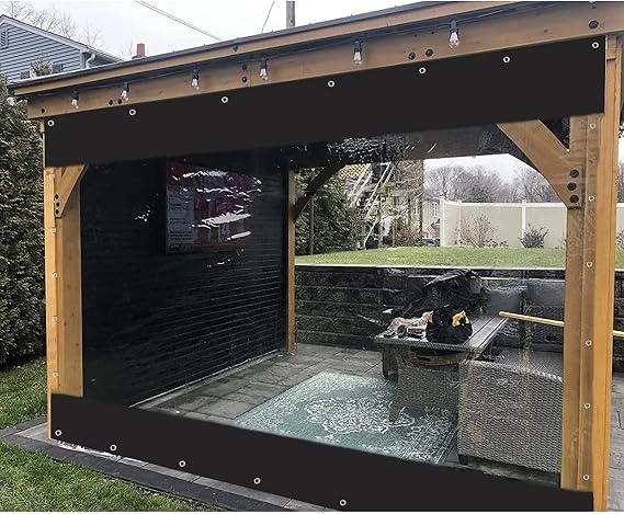 Waterproof side panels for pergola outdoor clear plastic curtains with eyelets 0.5mm heavy-duty PVC Weather Resistant for all seasons, Anthracite (Color : Transparent+Black, Size : 2.50x2m)