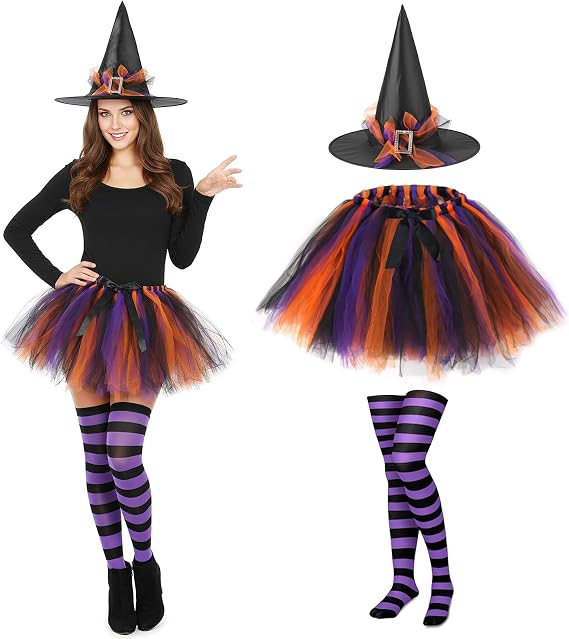 Witches Costume Women Tutu Skirt Witches Hat and Stockings Witch Outfit Adult Halloween Costumes for Women