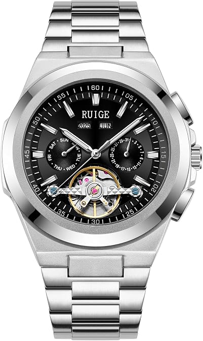 RUIGE Men's Fully Automatic Mechanical Watch, 43mm Hollow Skeleton Dial with Luminous Hands, Multi-Function Calendar (Day/Date/Month), 30M Waterproof Stainless Steel Wristwatch (Black/Blue) A9-3
