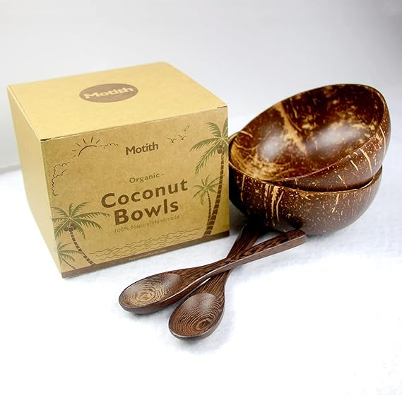 Coconut Bowls - Wooden Spoon Sets of 2 for Reusable Salad Smoothie Acai Buddha Bowls - Eco-friendly Natural Organic Handmade Polished Coco Shell - Healthy Choice Vegan Gifts