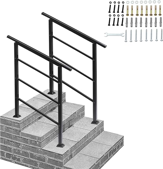 Outvita 2 Pack Handrails for Outdoor Steps, Fit 1to 3 Steps Outdoor Stair Railing, Adjustable Wrought Iron Handrail with Installation Kit, Black Transitional Hand Rails for Indoor Garden Steps