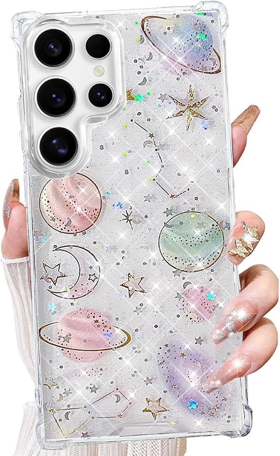 Changjia for Samsung Galaxy S26 Ultra Clear Glitter Case,Cute Bling Sparkle Planet Space Stars Moon Universe Pattern Soft TPU Silicone Shockproof Women Girls Protective Case for Galaxy S26 Ultra,Clear