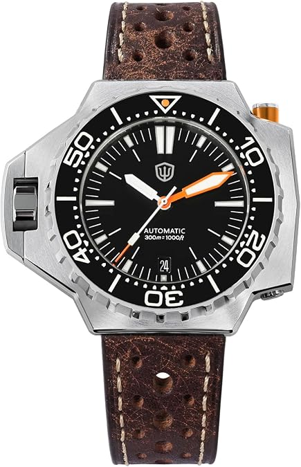 watchdives WD1968 Automatic Dive Watch for Men, 300M Water Resistant Sapphire Crystal Watch, Full Lume Ceramic Bezel BGW9 Luminous, 316L Stainless Steel Mechanical Watch with Leather Strap