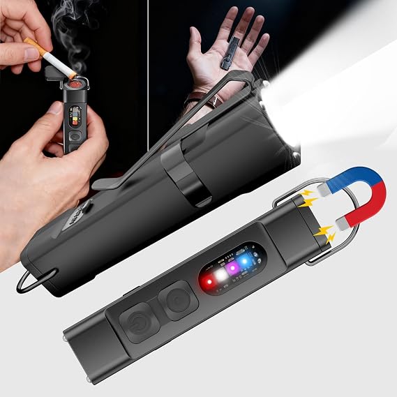 SKYFIRE 2Pack Rechargeable EDC Flashlight with Electric Lighter,Clip and Magnetic Base,Mini Flash Lights with UV Red and White LED Light Portable Pocket Light for Outdoors Indoor Emergency Working