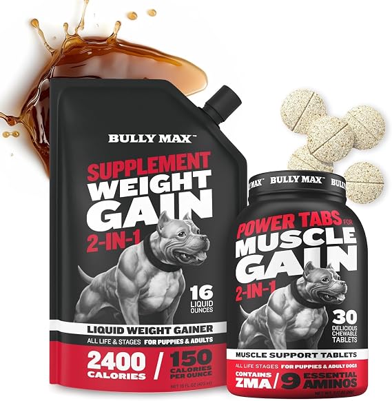 Bully Max Dog Liquid Weight Gainer 2,400 Calories (16oz) + Power Tabs for Muscle Gain (30ct) Bundle High Calorie Liquid Topper with Muscle Builder Tablets Daily Conditioning Support for All Breeds