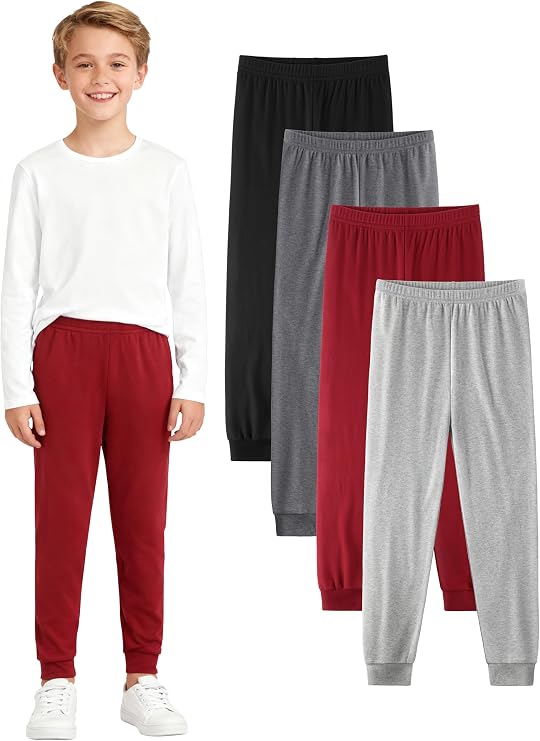4 Pack Boys Cotton Pants - Boys Long Underwear Thermal Pants Bottom Joggers for Sports Everyday Activities