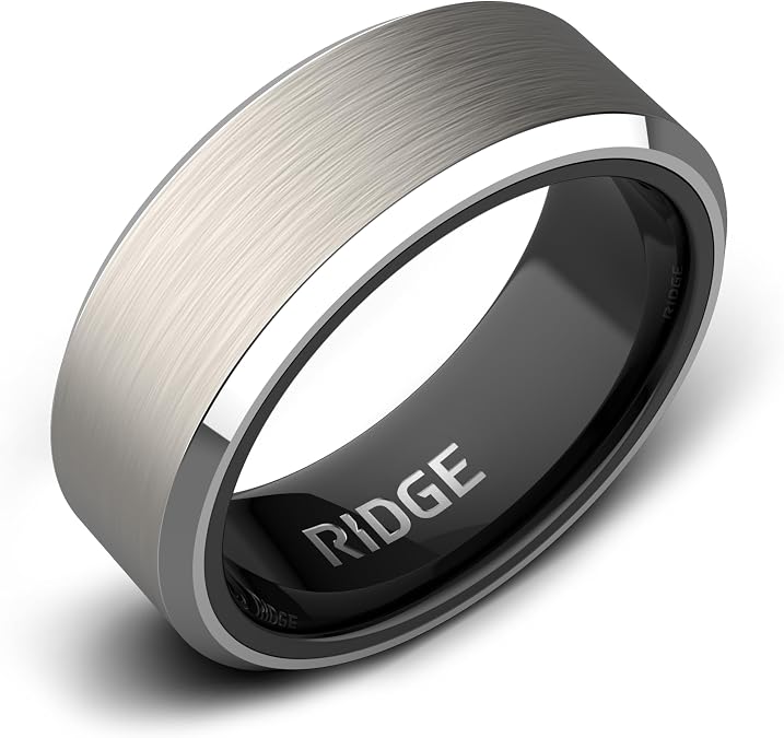 Ridge 8mm Beveled Tungsten Rings For Men - Dual Band Metal Wedding Ring & Silicone Ring, Scratch-Resistant PVD Coating, Convex No-Pinch Fit, Includes Extra Silicone Band (Platinum, 9)