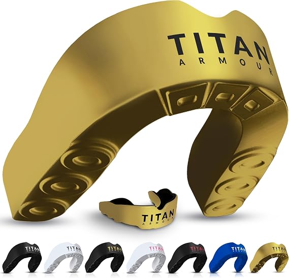 Titan Armour Gum Shield, Custom-Fit Mouth Guard for Boxing Solid Gold Adult | Dual-Layer | Case Inc | Boil & Bite Mouthguard Boxing, Rugby, Hockey & All Contact Sports | UK Brand