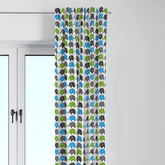 Bacati - Single Light Filtering Curtain Panel Elephants (Aqua Lime Gray)