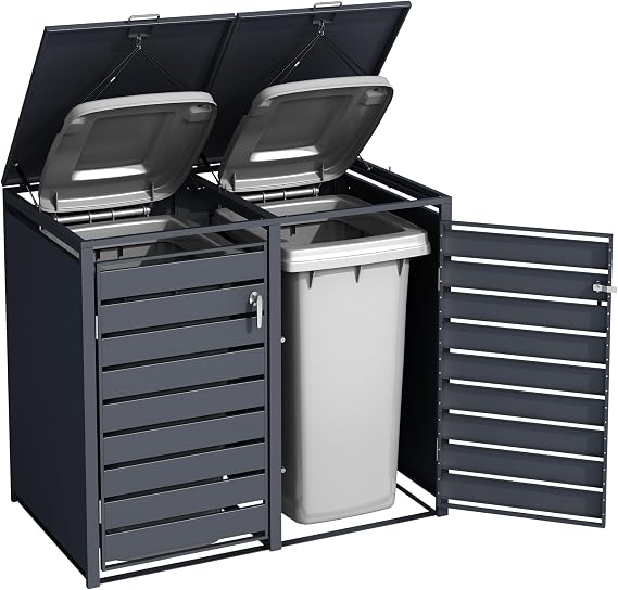 DWD Heavy Duty Double Wheelie Bin Storage Shed Outdoor Metal Rubbish Bin Store Lockable Garden Bin Cabinet with Lift-Up Lids, Front Access Doors & Weather-Resistant Dustbin Cover for Patio