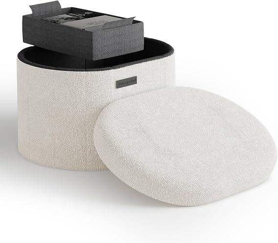 Round Ottoman with Storage for Living Room, 16 Inch Storage Ottoman, Small Ottomans Foot Rest, Boucle Foot Stool Ottomans Max 330lbs, White