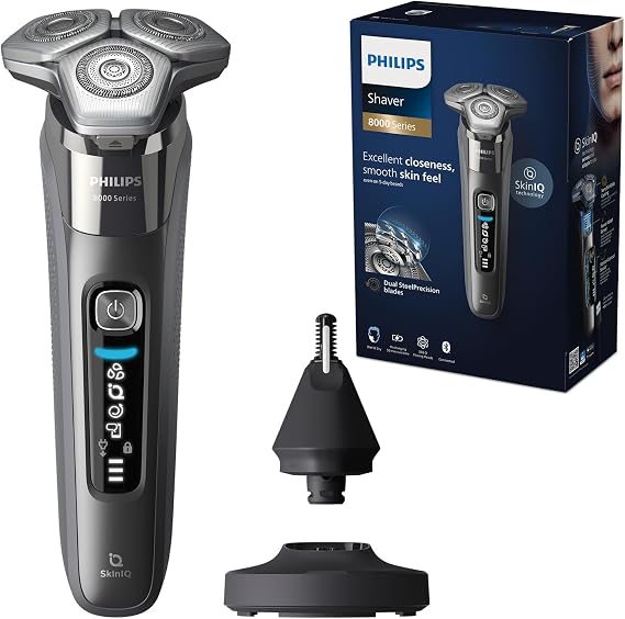 Philips Shaver Series 8000 - Wet & Dry Electric Shaver with SkinIQ Technology in Dark Chrome with 1 x Pop-up Trimmer, Charging Stand, P-Cap, Cleaning Brush and Nose Trimmer (Model S8697/23)