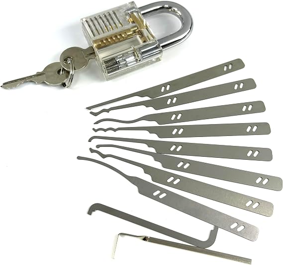 QiDAi Dietrich-Trainingsset mit transparentem Vorhängeschloss 10-teiligen Lockpick-Werkzeugen und 2 Spannschlüsseln für Anfänger Schlosser