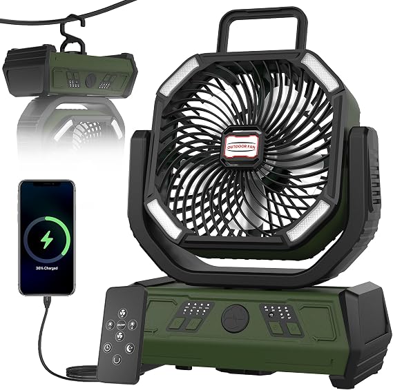 Camping fan, 20000mAh USB table fan with light, 4 speeds, 4 timers, remote control, quiet outdoor fan with hanging hook for camping, picnics, barbecues, and office use