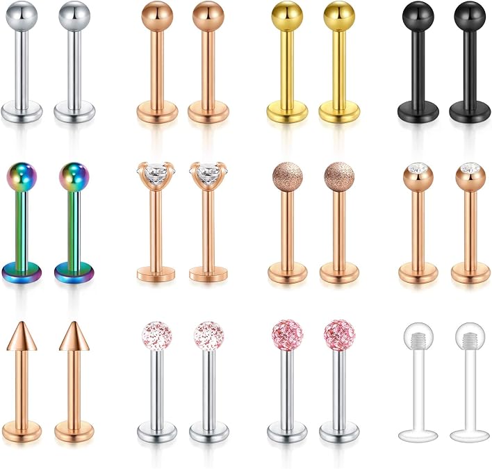 Mayhoop 16G 24Pcs Stainless Steel Labret Studs Lip Rings Retainer Cartilage Tragus Helix Earring Barbell Medusa Piercing Jewelry with Clear Diamond CZ 8mm Bar Length For Women Men