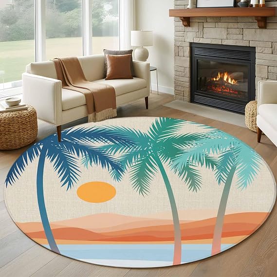 Round Rugs 5Ft, Boho Summer Beach Washable Rug for Living Room Low Pile Indoor Floor Carpet, Abstract Tropical Palm Trees Burlap Non-Skid Bathroom Rug Kitchen Runner Rugs for Bedroom