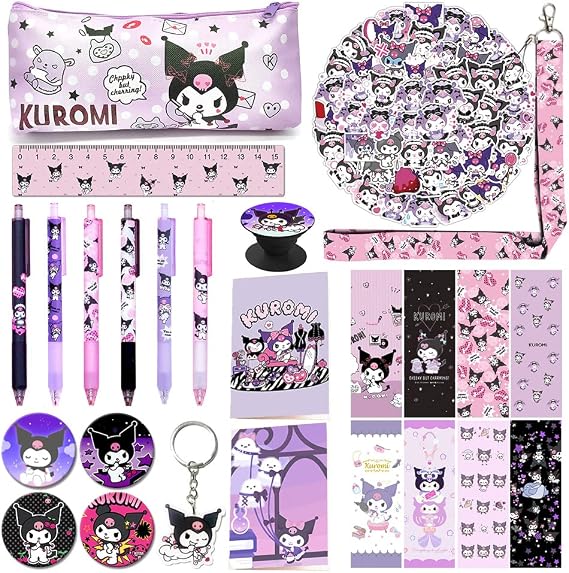 Kinon KUROMI School Supplies Gift Set, Including Notebook Pencil Case Pens Stickers Button Pins Lanyard Keychain Ruler Bookmarks Phone Ring Holder