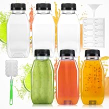 6 Pack 11.84oz/350ml Plastic Juice Bottles, Shot Bottles with Lids Funnel Brush Stickers, Leak-Proof and Reusable, Small Shot Bottle for Various Homemade Fruit Drinks Milk Water Beverages