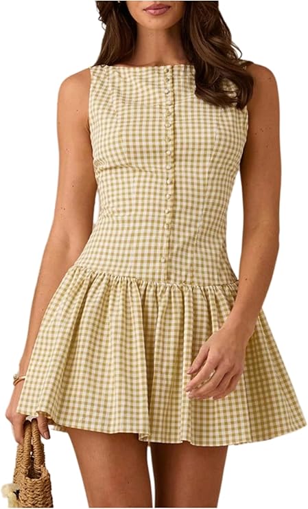 OYOANGLE Women's Gingham Sleeveless Ruffle A Line Mini Dress | Open Back, Y2K Plaid Short Dresses, Casual, Going Out, Picnic, Vacation Outfits