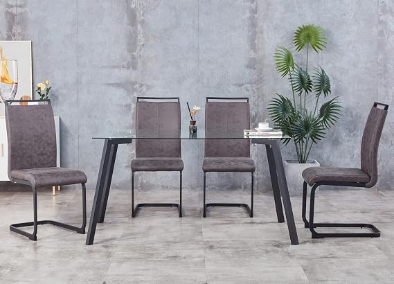 JUFU Modern Dining Chairs Set of 4, Taupe Cantilever Chair Armless Metal FrameSide Chairs with PU Leather Seat and Black Metal Legs High Back for Dining Room, Kitchen, Living Room