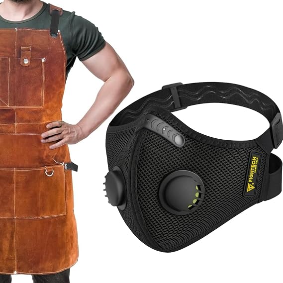 FIGHTECH Dust Mask (LARGE) and Leather Apron Bundle Heavy-Duty Apron with Tool Pockets + Reusable Mask with Filters Ideal for Woodworking, Metalworking, DIY, Workshop, or Garage Use