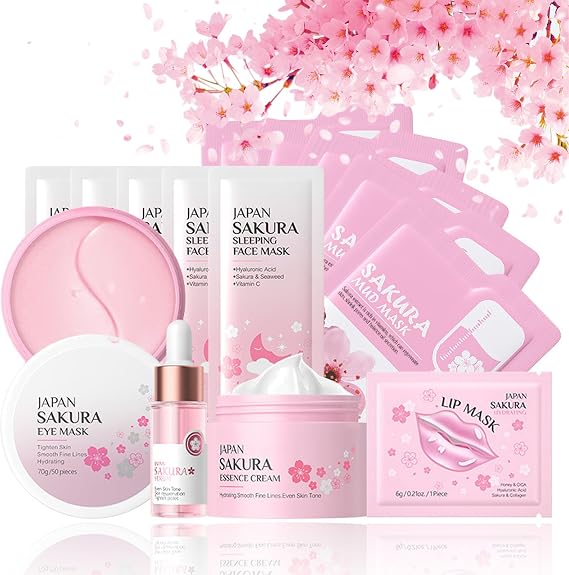 Skin Care Sets & Kits, Cherry Blossom Skincare Set Skin Care for Teenage Girls, Pamper Sets for Women Skincare Sets with Face Cream,Face Serum,Lip Mask,Sleep Mask,Eye Mask,Mud Mask