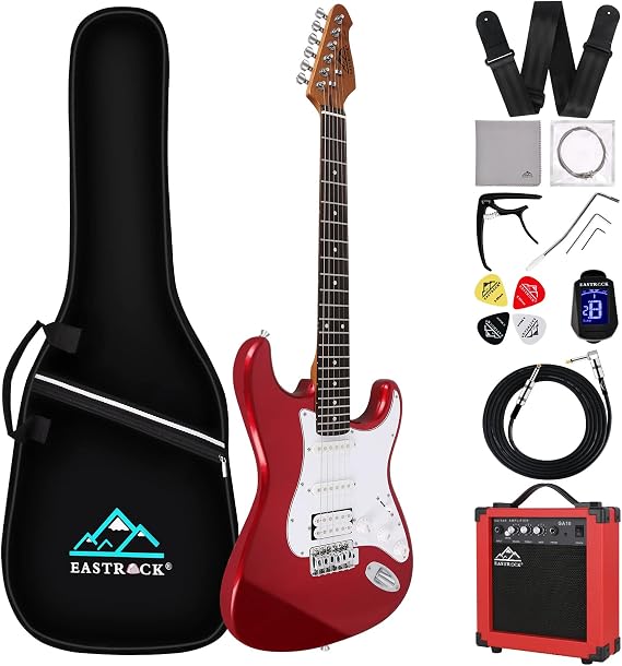 Eastrock 39 inch Full-Size Electric Guitar Kit for Junior Beginners, Starter Electric Guitar with 10w Amplifier Bag Capo Shoulder Strap String (Metallic Red, 39" Right Handed)