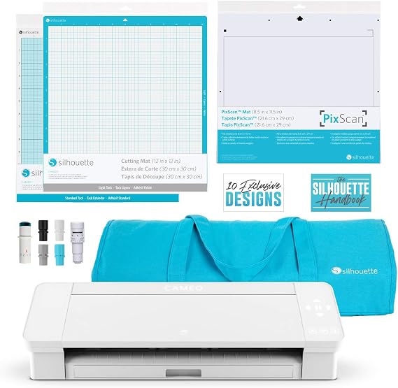 Silhouette Cameo 4 Ultimate Accessory Bundle - Silhouette Handbook, 10 Designs, 12 Light Hold mat, PixScan Mat, Premium Blade, Tote Bag