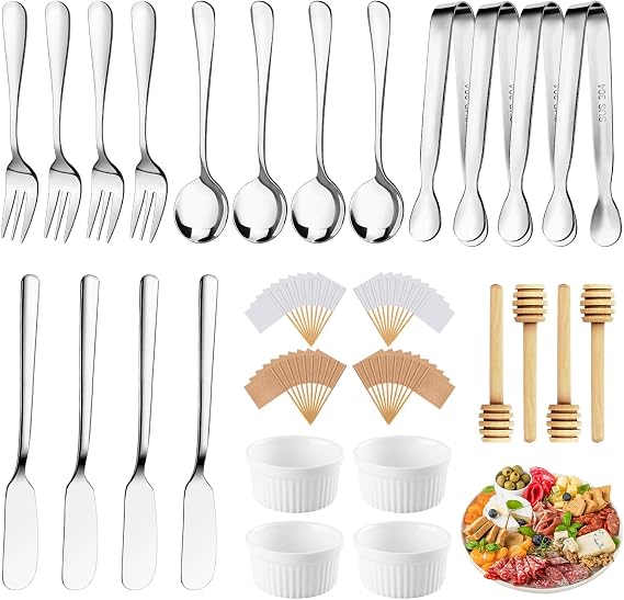 Charcuterie Boards Accessories 64Pcs Cheese Butter Spreader Knives Set Charcuterie Utensils Mini Serving Spoons and Forks Small Serving Tongs Sauce Cups Honey Dippers Toothpick Flags for Pastry Making