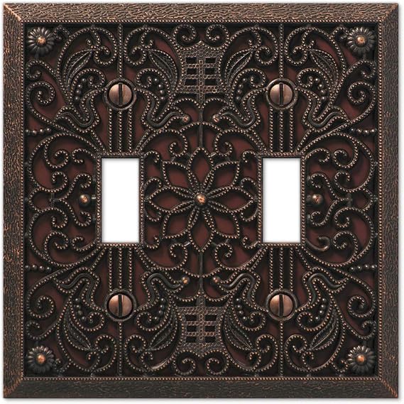 Amerelle 65TTDB Filigree Wallplate, 2 Toggle, Cast Metal, Aged Bronze, 1-Pack