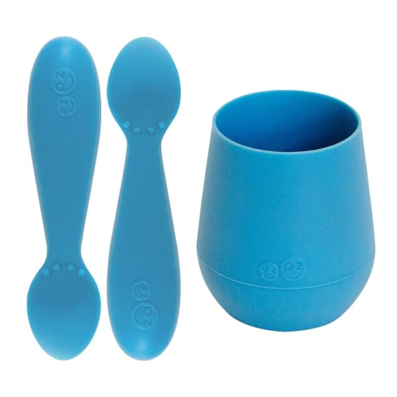 ezpz Tiny Cup (Blue) + Tiny Spoon (2 Pack in Blue) - baby essentials, cup and spoon