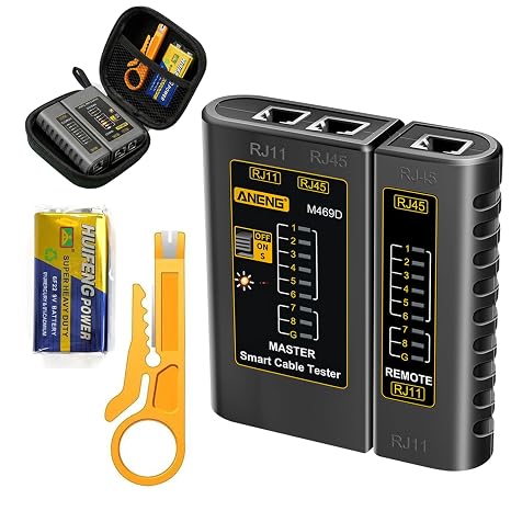 Network Cable Tester for RJ45 RJ11 RJ12 Port Network Ethernet Wire Test | Fast/Slow Mode,Remote tester,LAN Tester for Wire Repair, Electrical Tool with Wire Stripper,Storage Bag for Home & Office Use