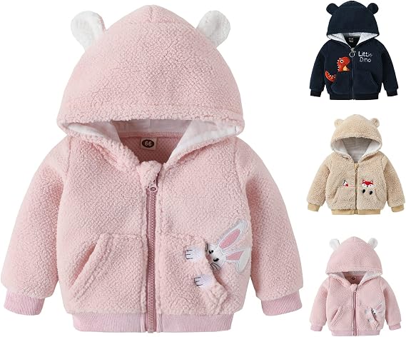 Infant Baby Boy Girl Hooded Sweater Fleece Jacket Winter Warm Zipper Coat Tops Cute Cartoon Hoodies Outwear Overcoat