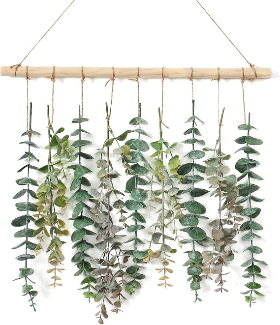 Weldomcor Artificial Eucalyptus Wall Hanging Decor Greenery Boho Chic Home Decorations Farmhouse Rustic Plants with Wooden Stick for Bedroom Living Room Apartment Ornament Gift(Green-1)