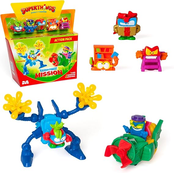 Superthings KAZOOM Power Mission – Action-Pack contains 5 SuperThings (including 1 Golden Superleader), 1 Exoskeleton, 1 Slider, 4 pieces