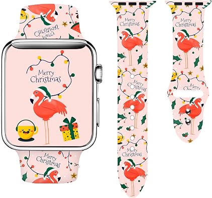 Christmas Pink Flamingo Fashion Sport Watch Band Compatible With Apple Watch 38mm 40mm 41mm 42mm 44mm 45mm For Women Men,Adjustable Replaceable Soft Silicone Smartwatch Straps For IWatch Series SE 7 6
