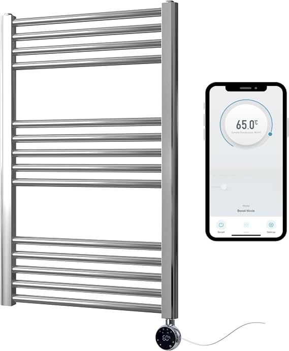 Chrome Electric WiFi Heated Towel Rail 500mm W x 800mm H | Smart WiFi Controlled, Flat Design, 7 Day Programming, App Compatibility