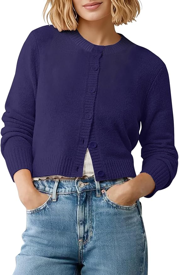 EXCHIC Women's Soft Elastic Long Sleeve Short Cardigan Slim Fit Crew Neck Cropped Cardigan with Button Placket