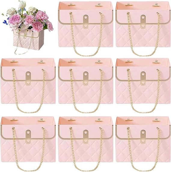 Flower Handbag, 4/8 Pieces Flower Paper Box For Bouquet, Rectangular Boxes For Floral Arrangement/Packaging/Wrapping, Water-resistant Floral Gift Wrap Bag With Long Handles, 15x10.5x10cm
