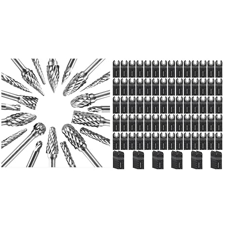 20PC Carbide Burr Set, 1/8" Shank & 100Pcs Oscillating Saw Blades