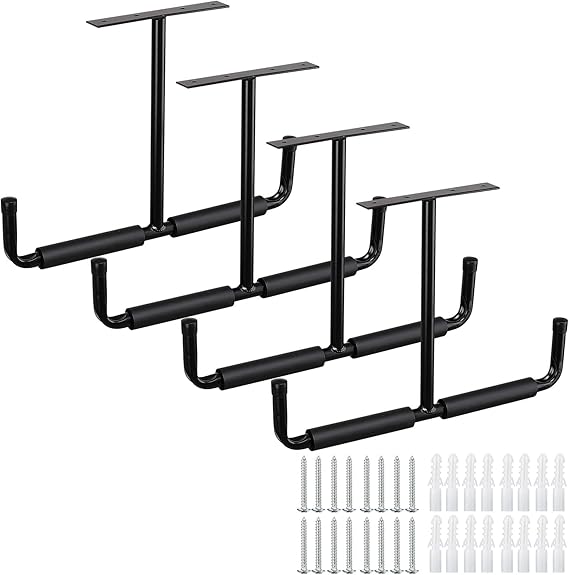 Overhead Garage Storage Hooks Rack Ceiling Mounted, Heavy Duty Utility Hooks Ladder Hangers for Pipe, Lumber, Fishing Rod and Ski Board | 4 Pack Black