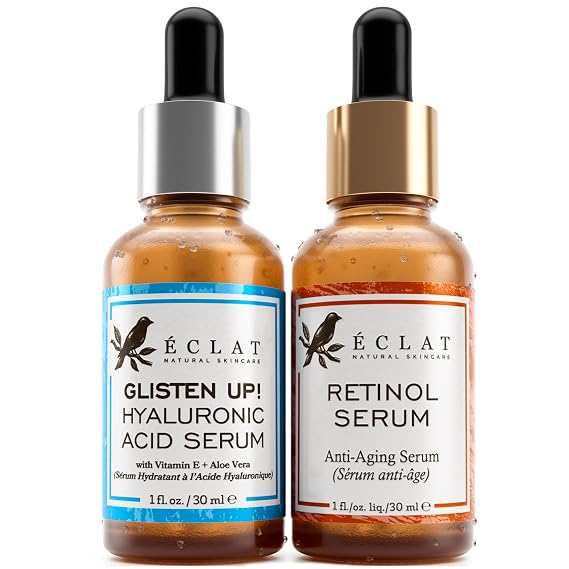 Eclat Skincare Retinol Serum + Hyaluronic Acid Serum Set Anti Aging Retinol with Vitamin E + 2.5% Hyaluronic Acid with B5, Green Tea & Jojoba Hydrating, Nourishing & Plumping Duo 1 fl oz each