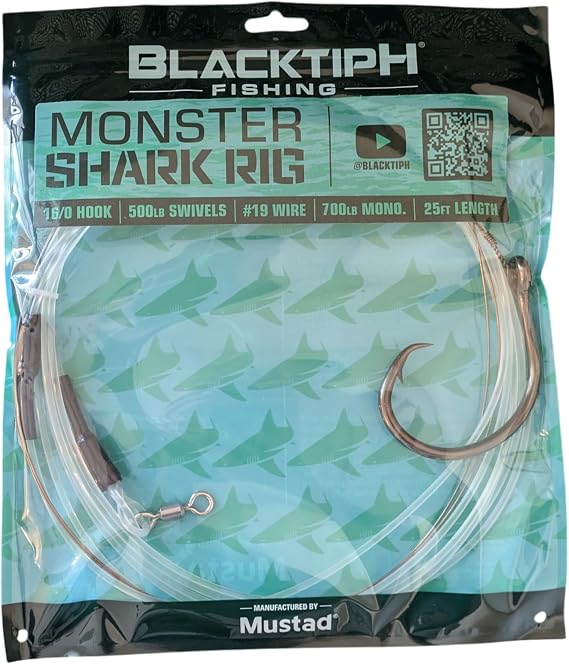 Mustad BlacktipH Monster Shark Rig, 25ft, 16/0 Demon Perfect Circle Hook, 700lb Monofilament, #19 Wire Leader, 500lb Swivels, Offshore Shark Fishing Gear
