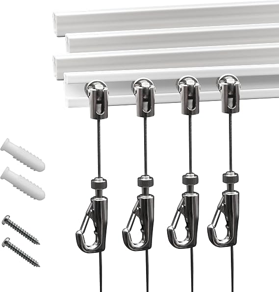 Picture Rail Hanging System- Innovative Art Hanging Rail System Including 4 Pcs 24 Picture Rails, 4 Pcs 2M Picture Rail Hooks & Installation Hardware- Elegant Picture Hanging Kit for Gallery