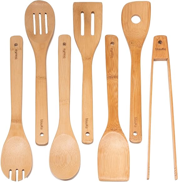 BlauKe® Wooden Kitchen Utensils Set of 7 – Bamboo Cooking Utensils for Non-Stick Cookware – Wooden Spatulas for Cooking, Wooden Spoons, Tongs