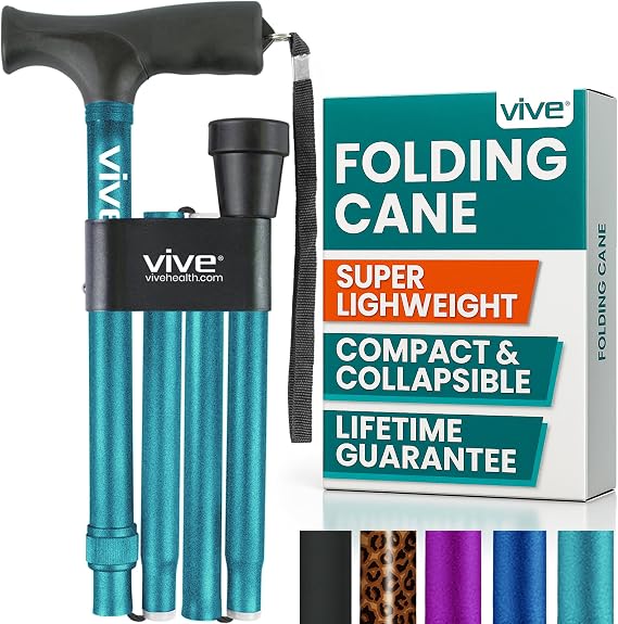 Vive Folding Cane - Foldable Walking Cane for Men, Women - Fold-up, Collapsible, Lightweight, Adjustable, Portable Hand Walking Stick - Balancing Mobility Aid - Sleek, Comfortable