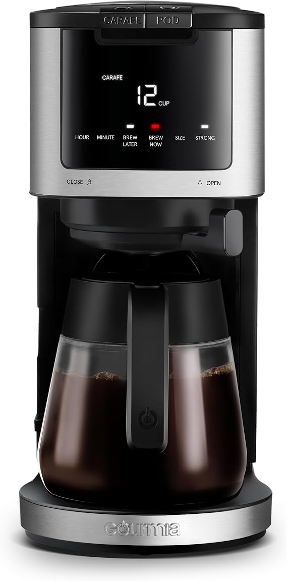 Gourmia Coffee Maker - 12-Cup & Single Serve, Glass Carafe, Black