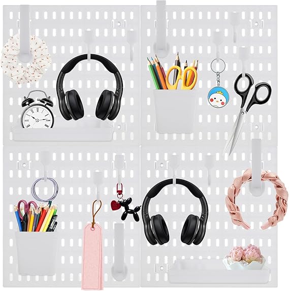 WOPPLXY Pegboard Combination Kit, Wall Organiser 4 Tiles 30 x 30CM Peg Board with 22 Pegboard Accessories, White Modular Hanging Peg Boards for Walls, Desk Display Storage