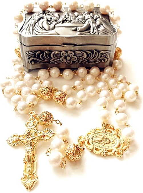 Elegangtmedical handmade White Real Pearl Rose Beads Catholic Rosary Gold Cross Necklace Supper Box