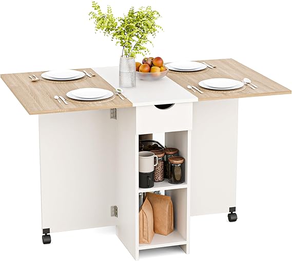 Mondeer Drop Leaf Table for 4-6, Folding Dining Table with Storage Drawer and 2-Tier Shelves, Rolling Casters, for Dining Room Kitchen Small Space, Oak and White
